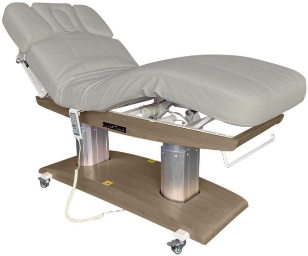 Massagebank Venetia basis bruin hout en grijze bekleding met 4 motoren, verwarming en acoustic vibration