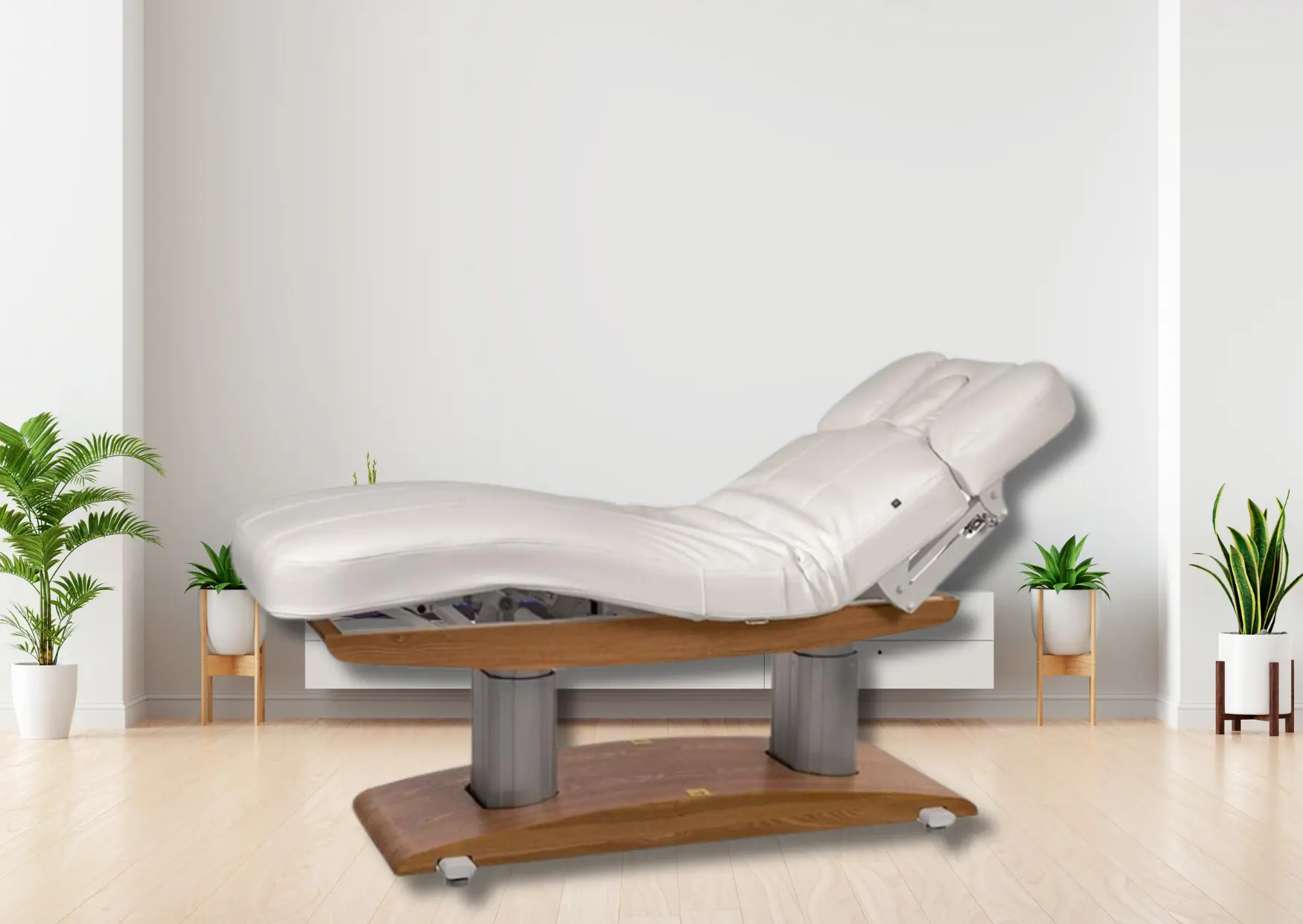 Table de massage Venetia base brun clair et matelas en blanc avec 4 moteurs, chauffage et acoustic vibration