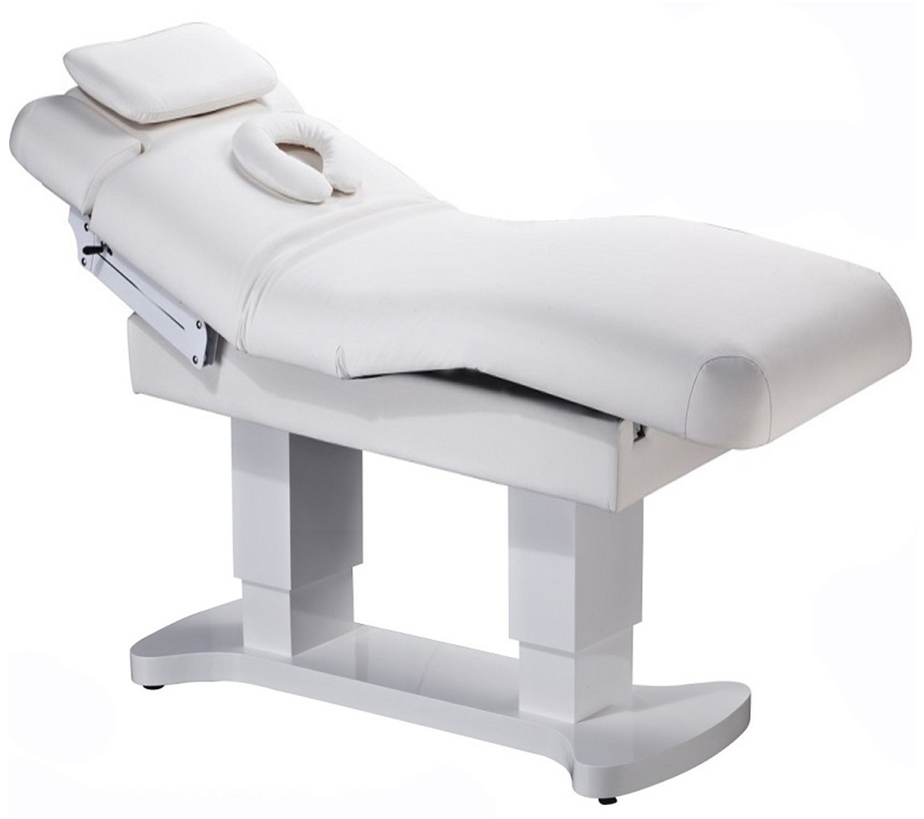 Table de massage Reggio 3.0 base en blanc, matelas gris, chauffage et accoudoirs pivotant - Modèle de salle d'exposition – Image 2