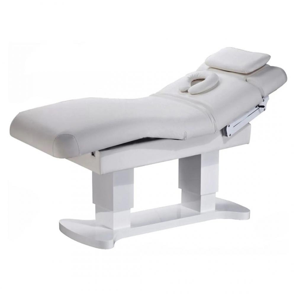 Table de massage Reggio 3.0 base en blanc, matelas gris, chauffage et accoudoirs pivotant - Modèle de salle d'exposition