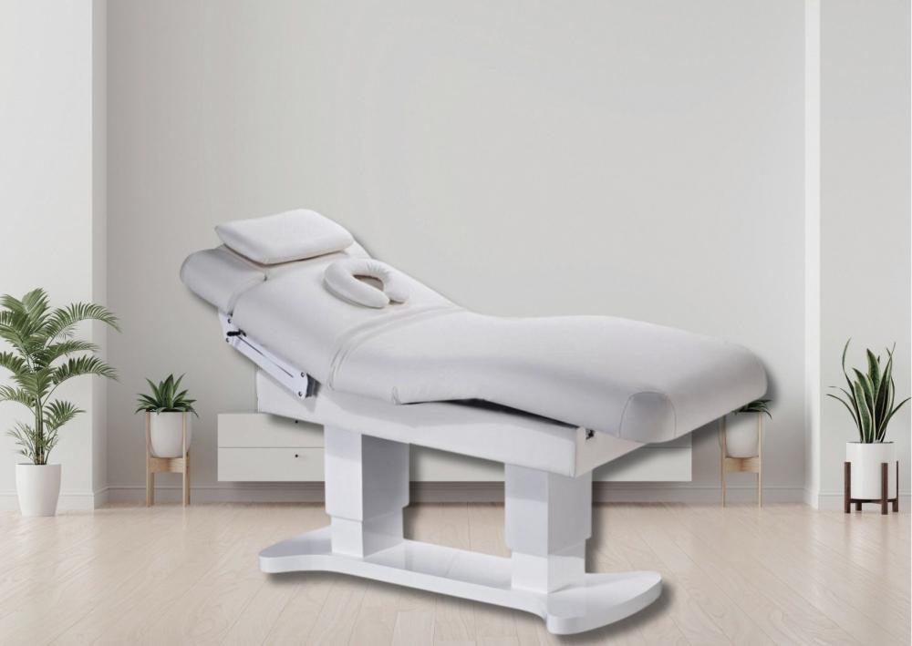 Massagebank Reggio 2.0 met witte houten basis, grijze bekleding en verwarming