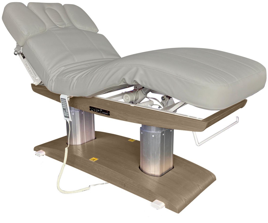 Massagebank Venetia basis bruin hout en grijze bekleding met 4 motoren, verwarming en acoustic vibration (toonzaalmodel)