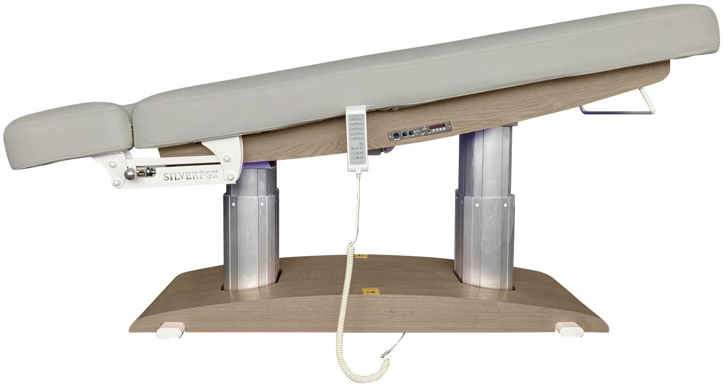 Massagebank Venetia basis bruin hout en grijze bekleding met 4 motoren, verwarming en acoustic vibration (toonzaalmodel)