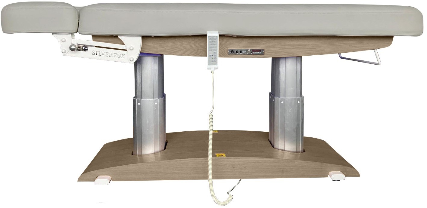 Massagebank Venetia basis bruin hout en grijze bekleding met 4 motoren, verwarming en acoustic vibration (toonzaalmodel)